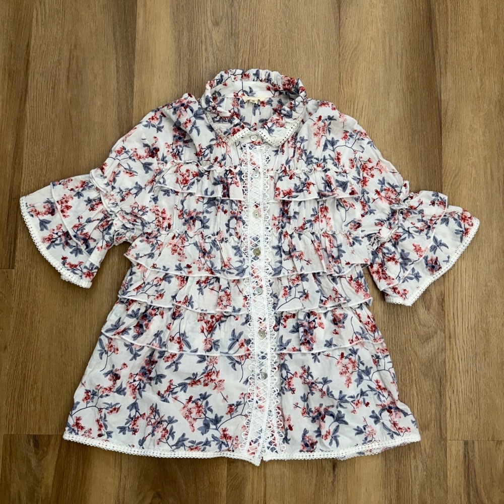 POL Floral Ruffle Tiered Blouse Small Boho Lace prairie cottage